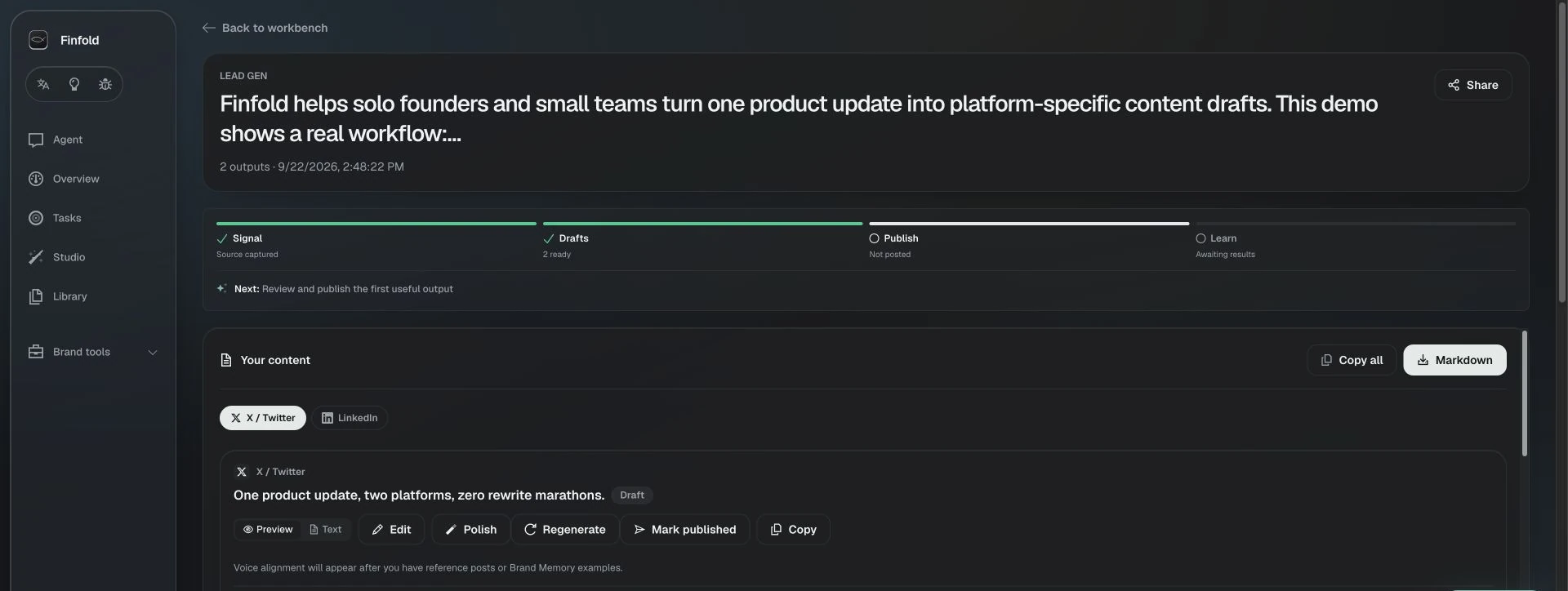 Content kit · channel variants and review controls