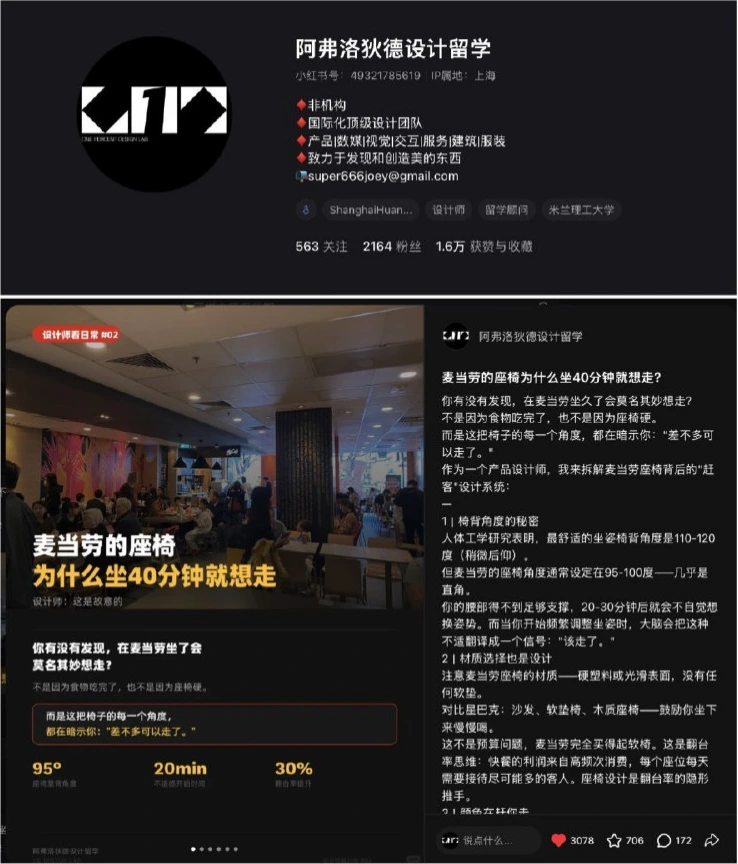 Original Xiaohongshu account and post screenshot in Chinese: 3,078 likes, 706 saves, 172 comments