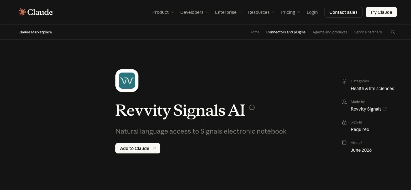 Claude 官方目录中的 Revvity Signals AI 连接器，带 Anthropic 认证标识