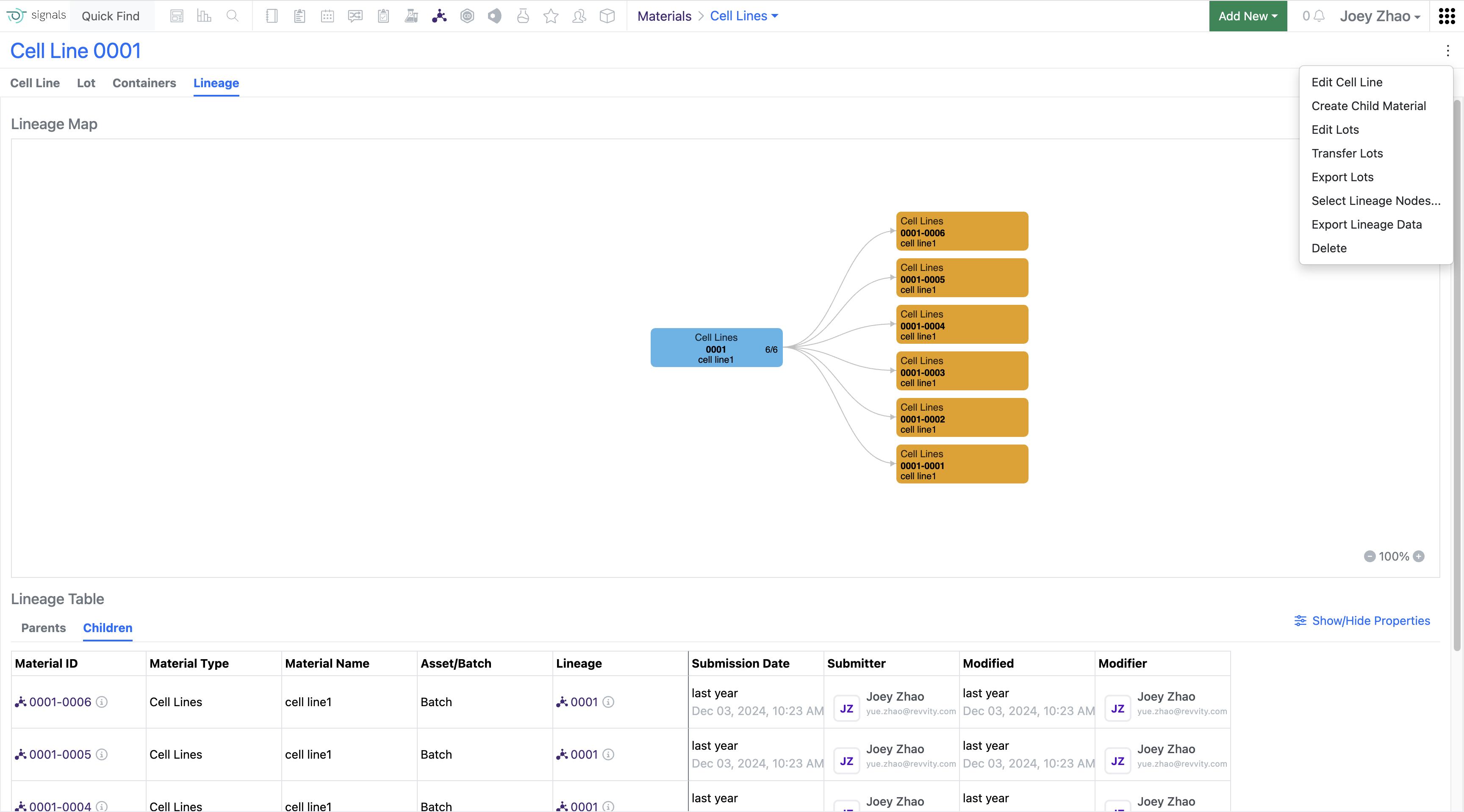 Historical child records table with Export Lineage Data menu