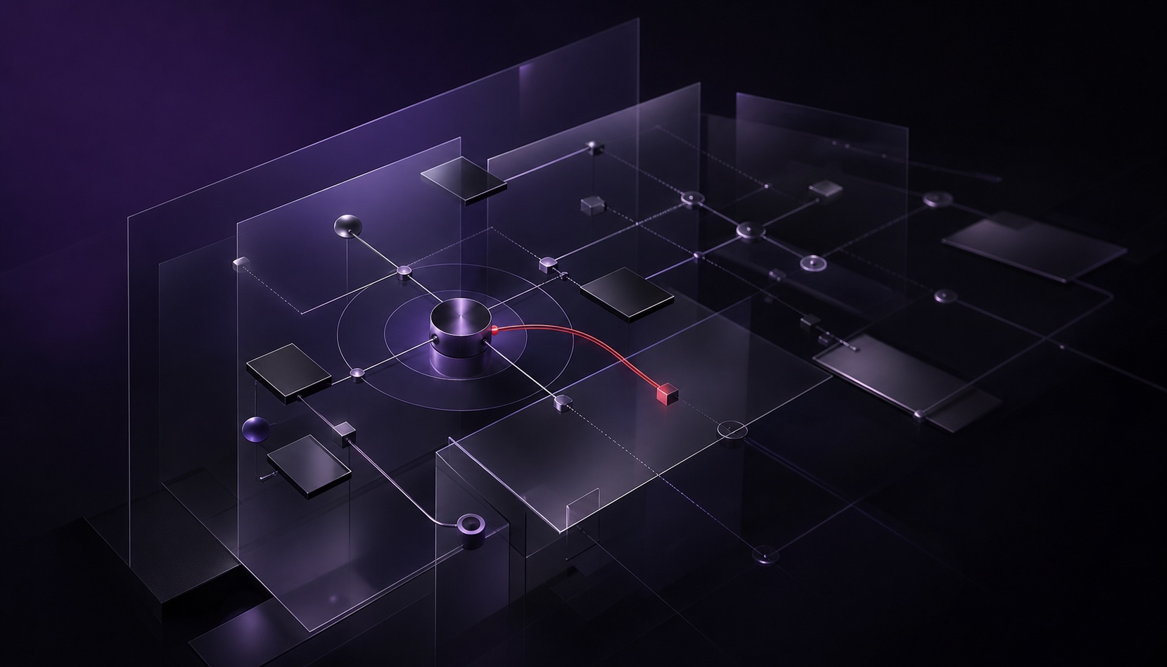 A translucent interface above a layered system of decisions, constraints, and failure paths