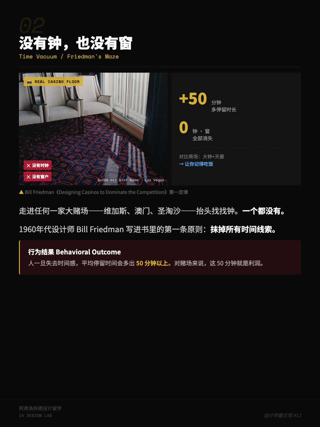 Casino hall with no windows or clocks, warm spotlights overhead