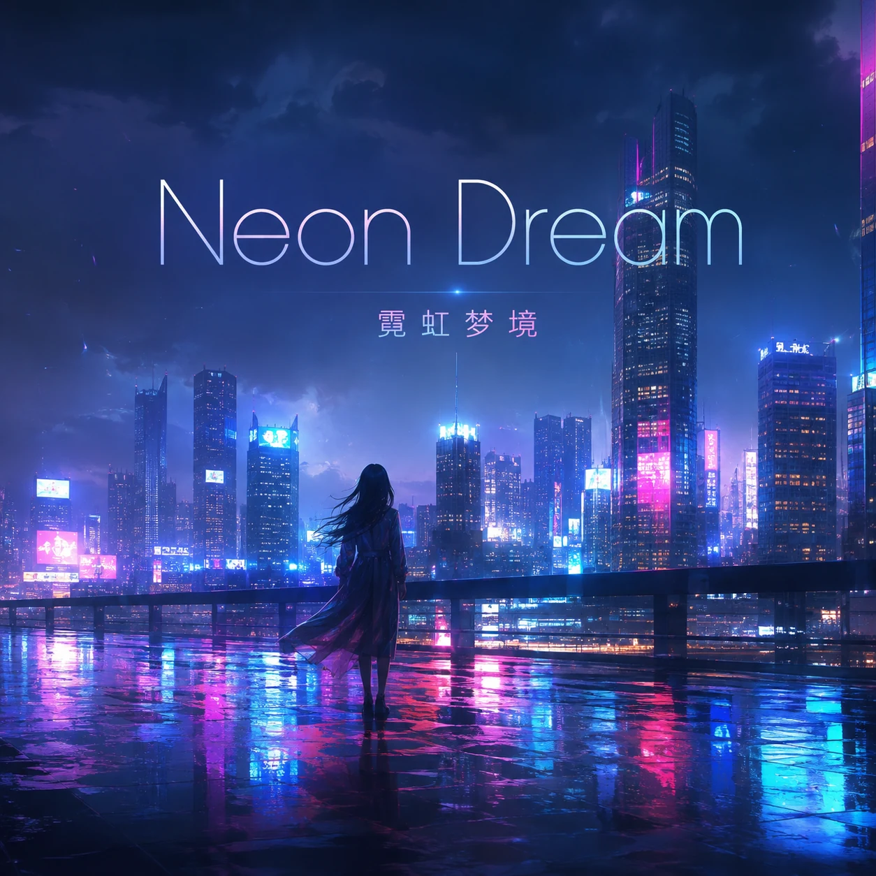 蓝紫色雨夜城市中，一名人物站在霓虹倒影前的《霓虹梦境》封面